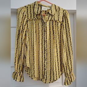 Anthropologie Mustard & Navy Long Sleeve With Ruffle Dachshund Print Blouse